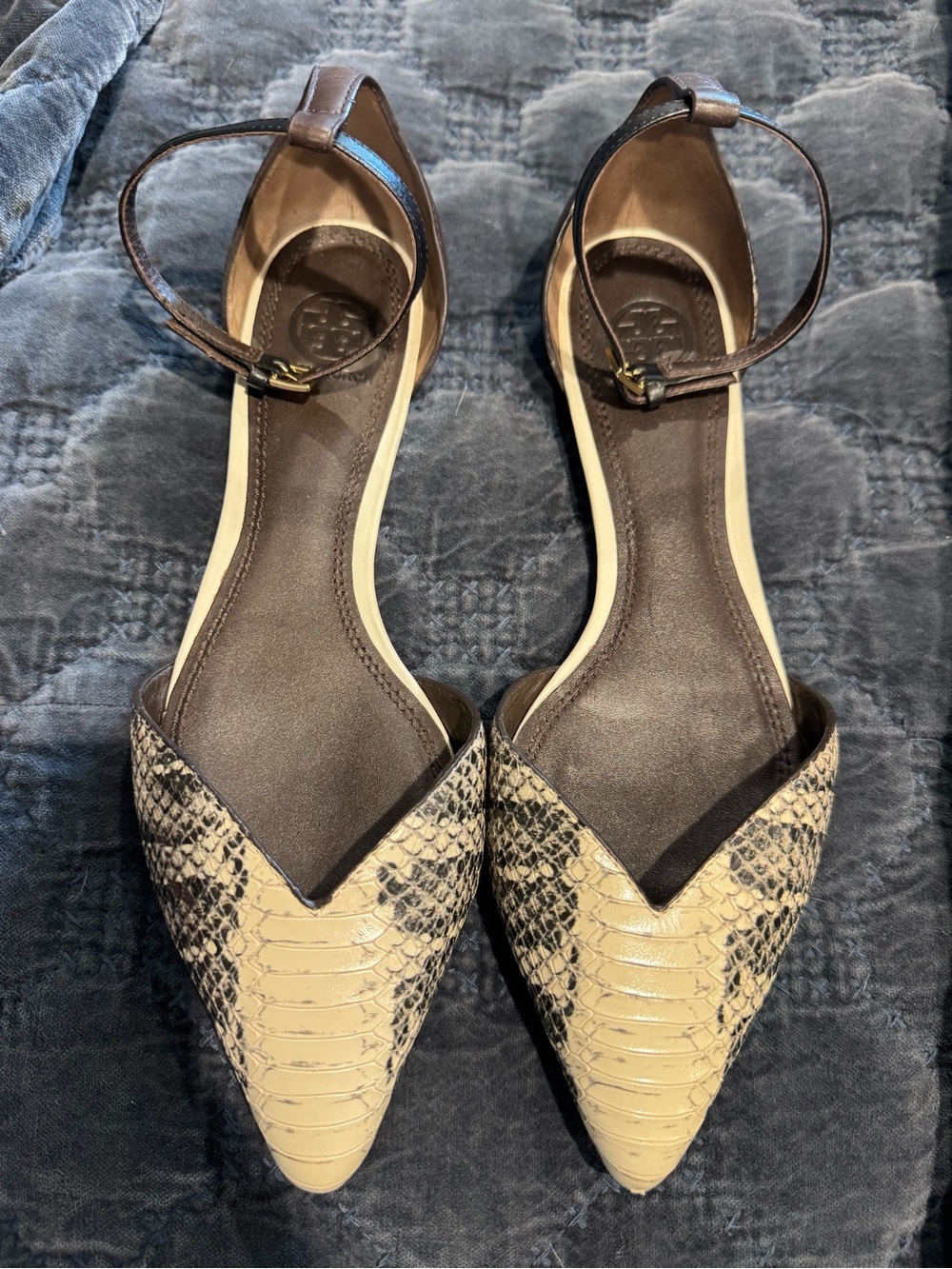 Tory Burch all leather Python Ankle-Strap Flats - Brown/Beige